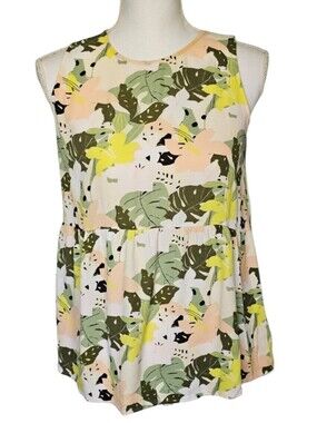 Loft‎ Tropical Leaf Floral Green Yellow Peplum  Button-back Tank Top Size XS